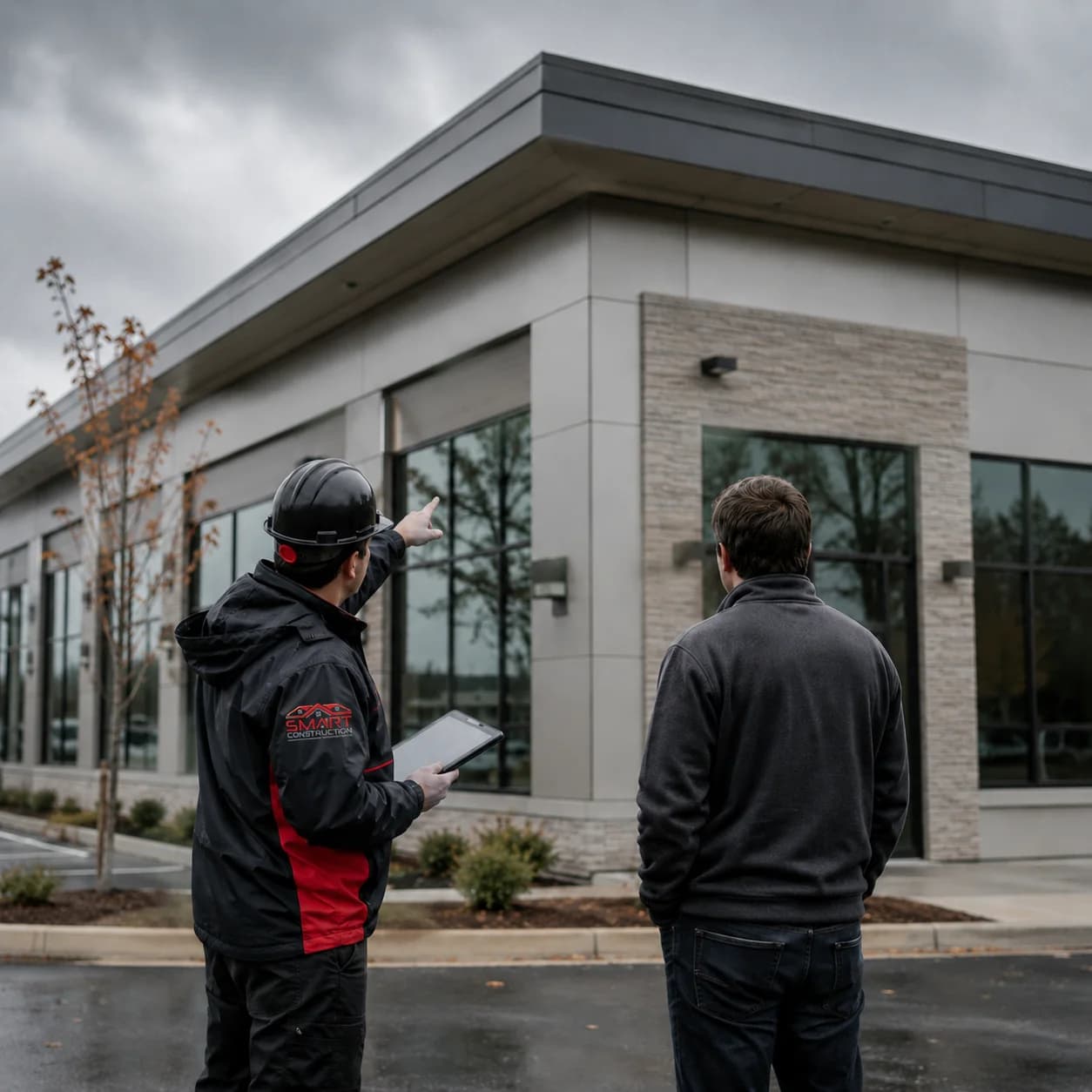 Inspector and partner reviewing a commercial building exterior — illustrative photo for commercial exterior inspection services.