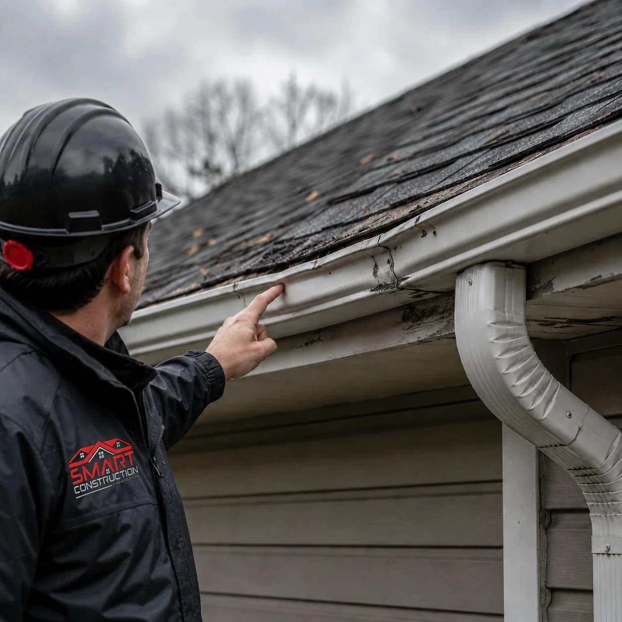 Inspector pointing at damaged gutter and roof edge on a residential exterior — illustrative photo for gutter inspection and repair.