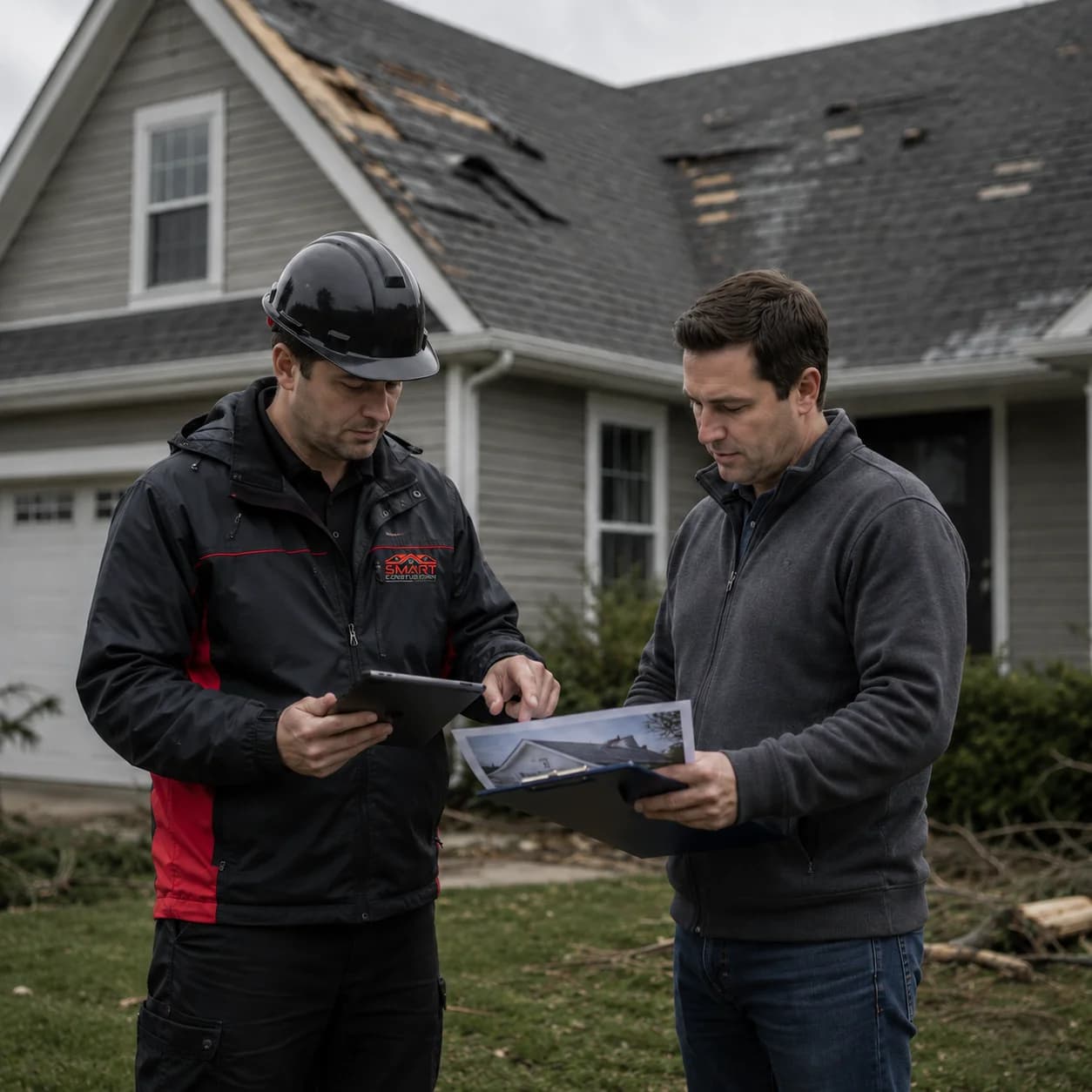 Inspector and homeowner reviewing roof damage evidence on a tablet outside a residential home — illustrative photo for contractor-side insurance paperwork support.