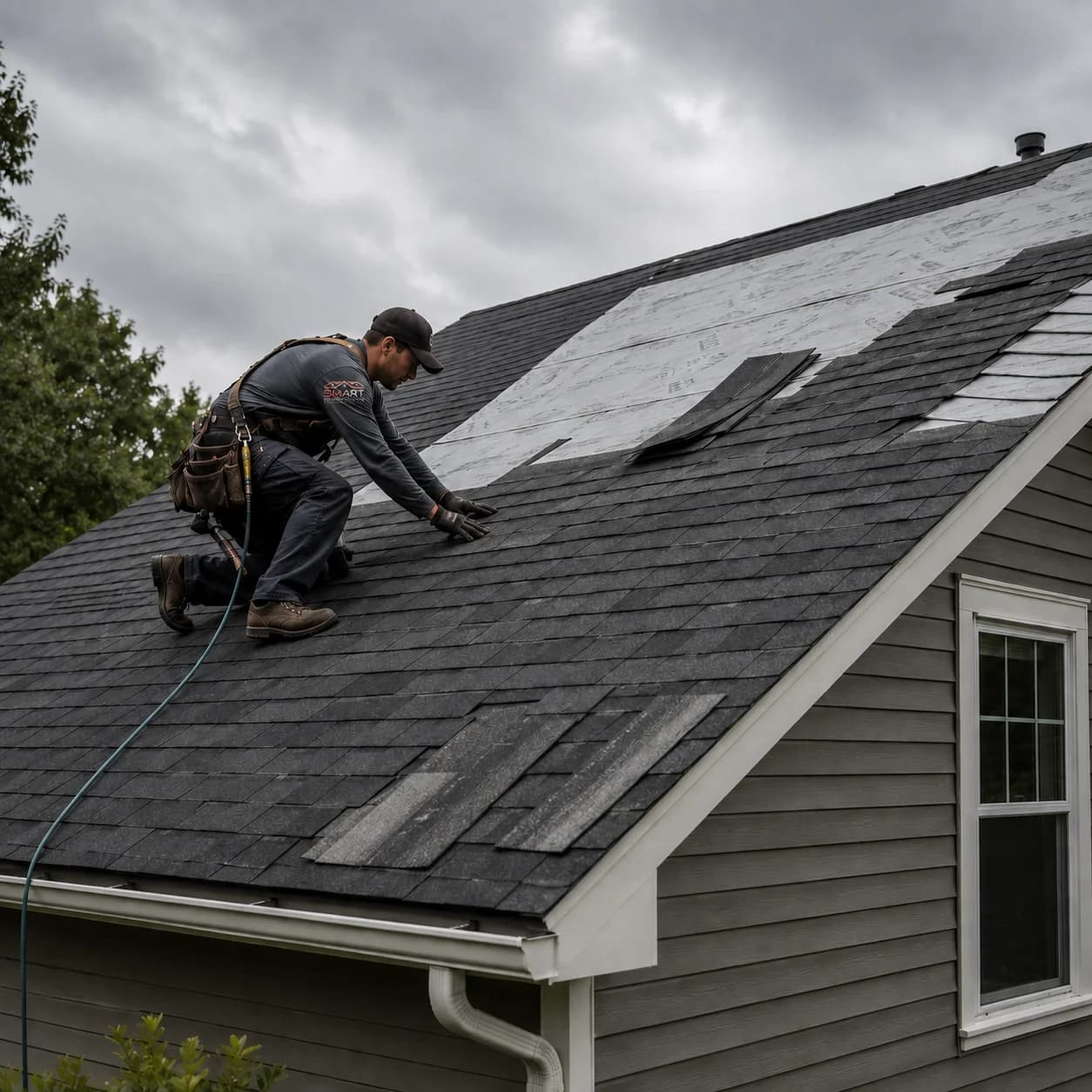 Roofer installing asphalt shingles on a residential roof — illustrative photo for roof repair and replacement services.