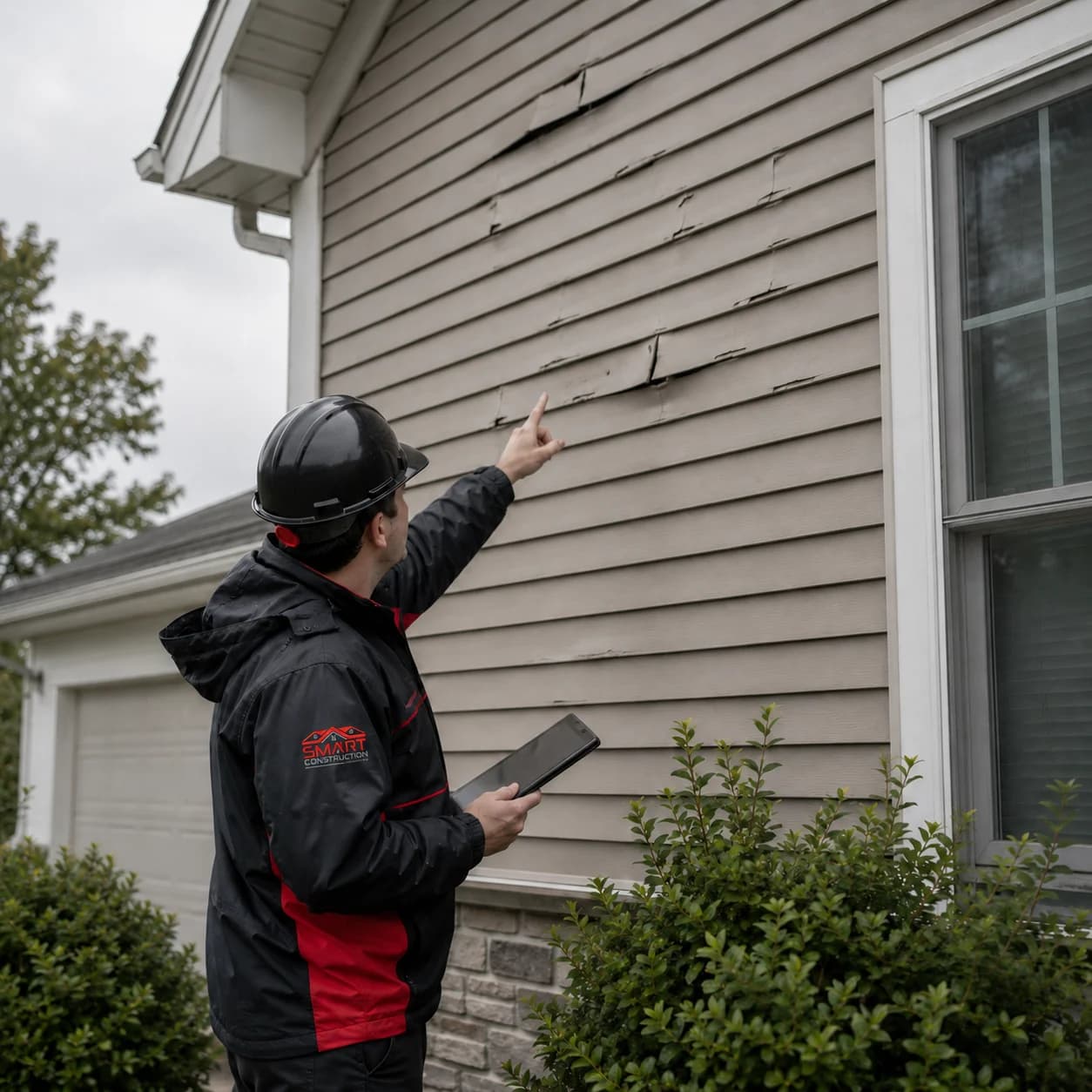 Inspector pointing at storm-damaged siding on a residential exterior — illustrative photo for siding inspection and replacement.