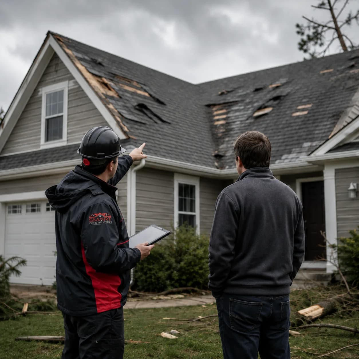 Inspector and homeowner reviewing storm-damaged residential roof from the ground — illustrative photo for storm damage restoration services.