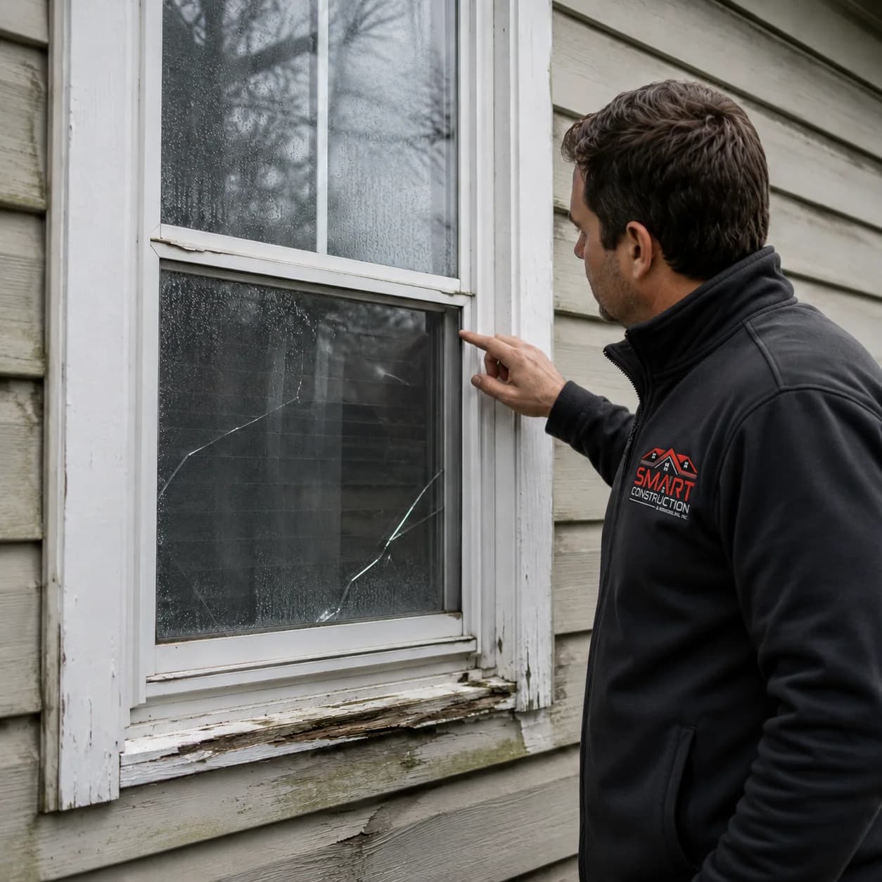 Inspector examining a cracked window pane and rotted sill on a residential exterior — illustrative photo for window replacement services.