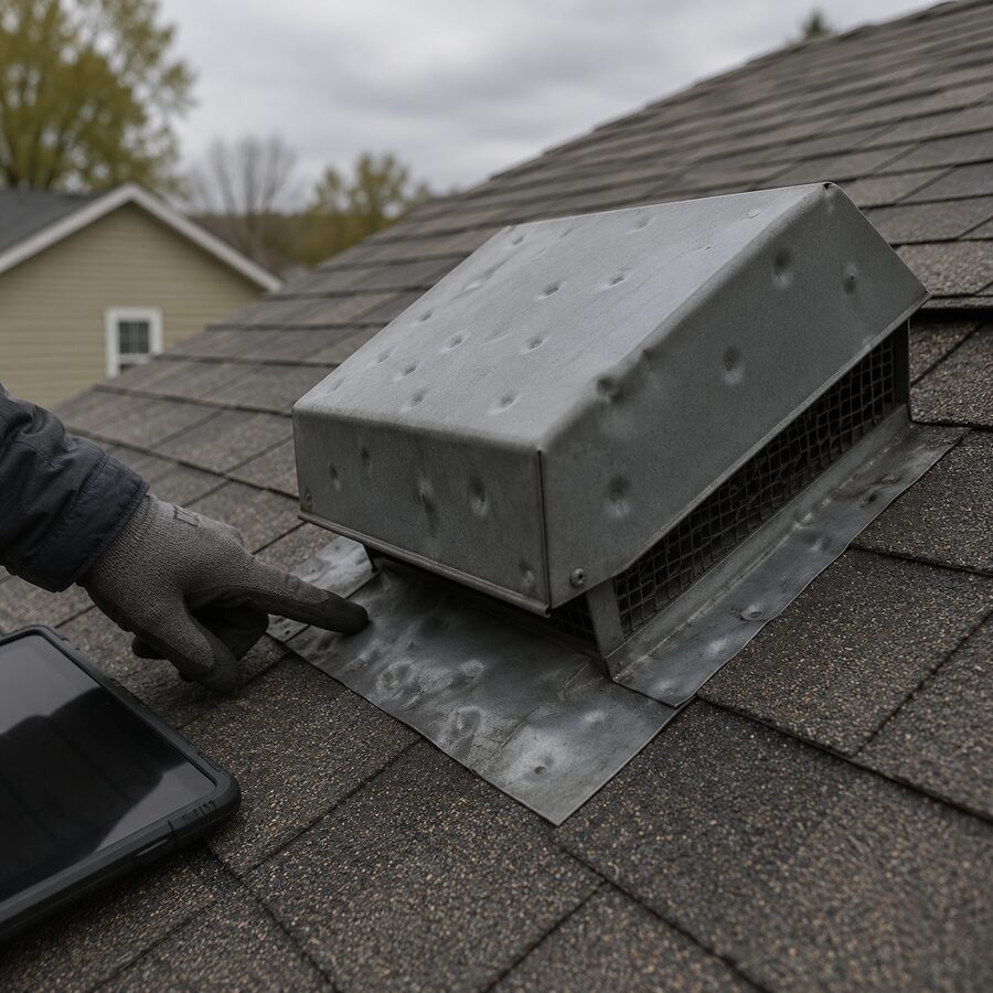 Dented metal roof vent and flashing showing hail impact marks on a shingle roof.