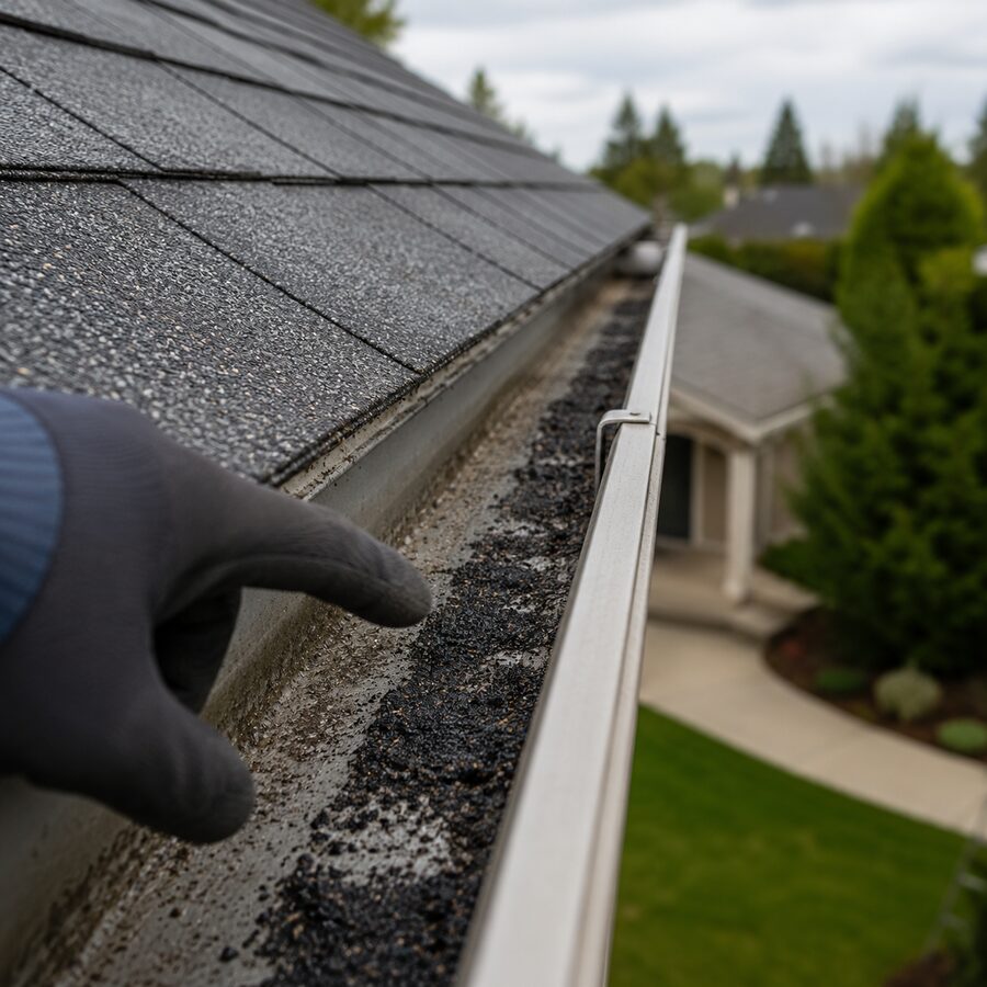 Loose asphalt shingle granules collected inside a gutter after storm impact.