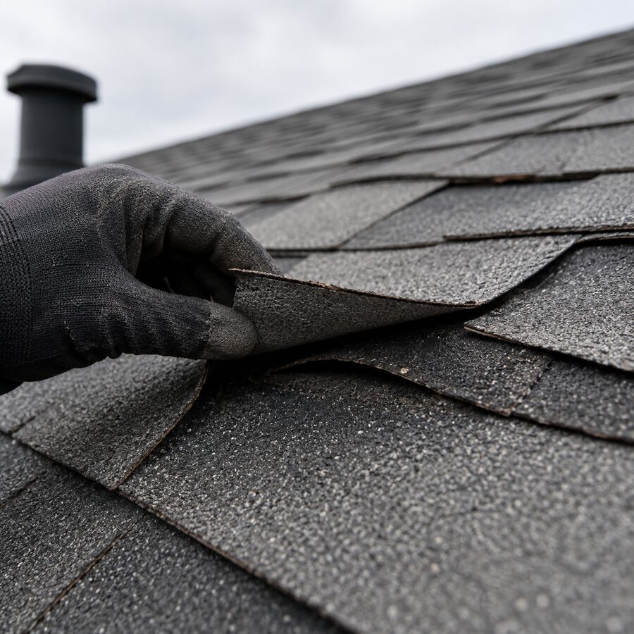 Gloved hand lifting a loose asphalt shingle edge on a roof after wind damage.