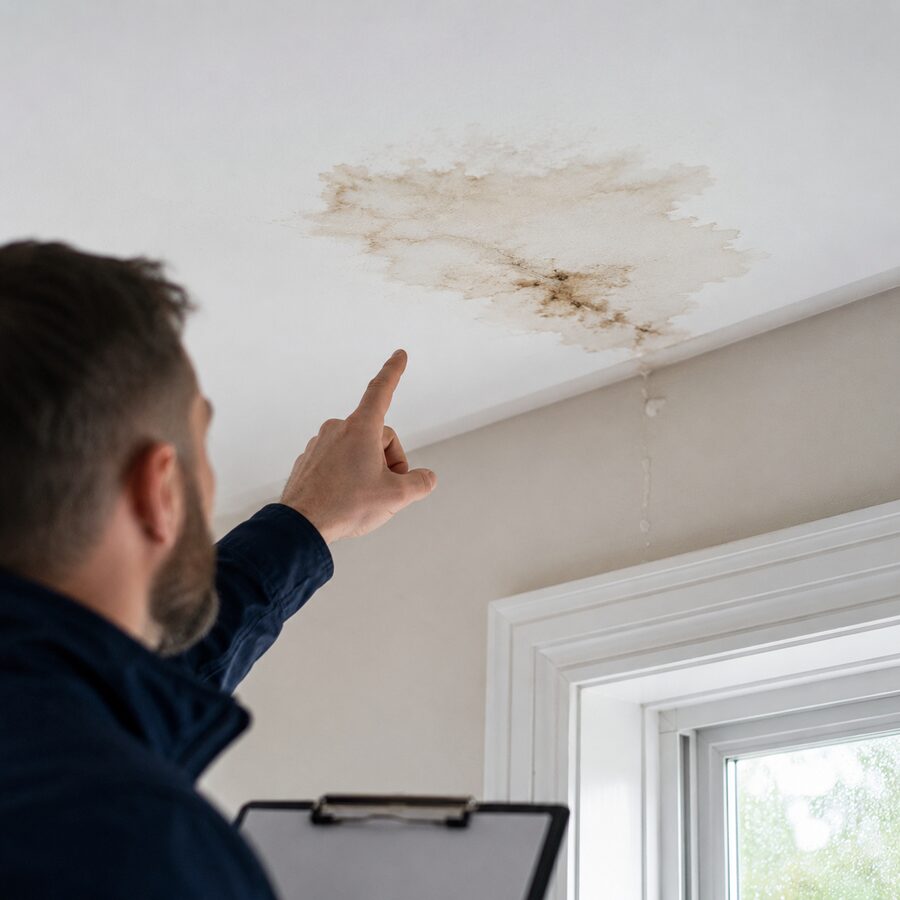 Inspector pointing at a ceiling water stain below a possible roof leak.