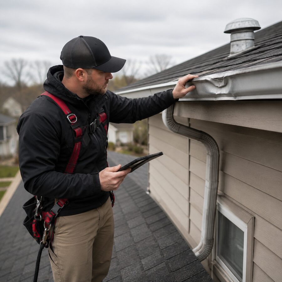 Roof inspector checking dented gutter and soft-metal storm damage with a tablet.
