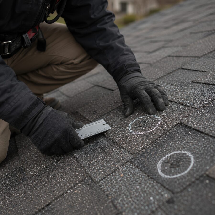 Close-up roof documentation with circled hail indicators and a measurement ruler.