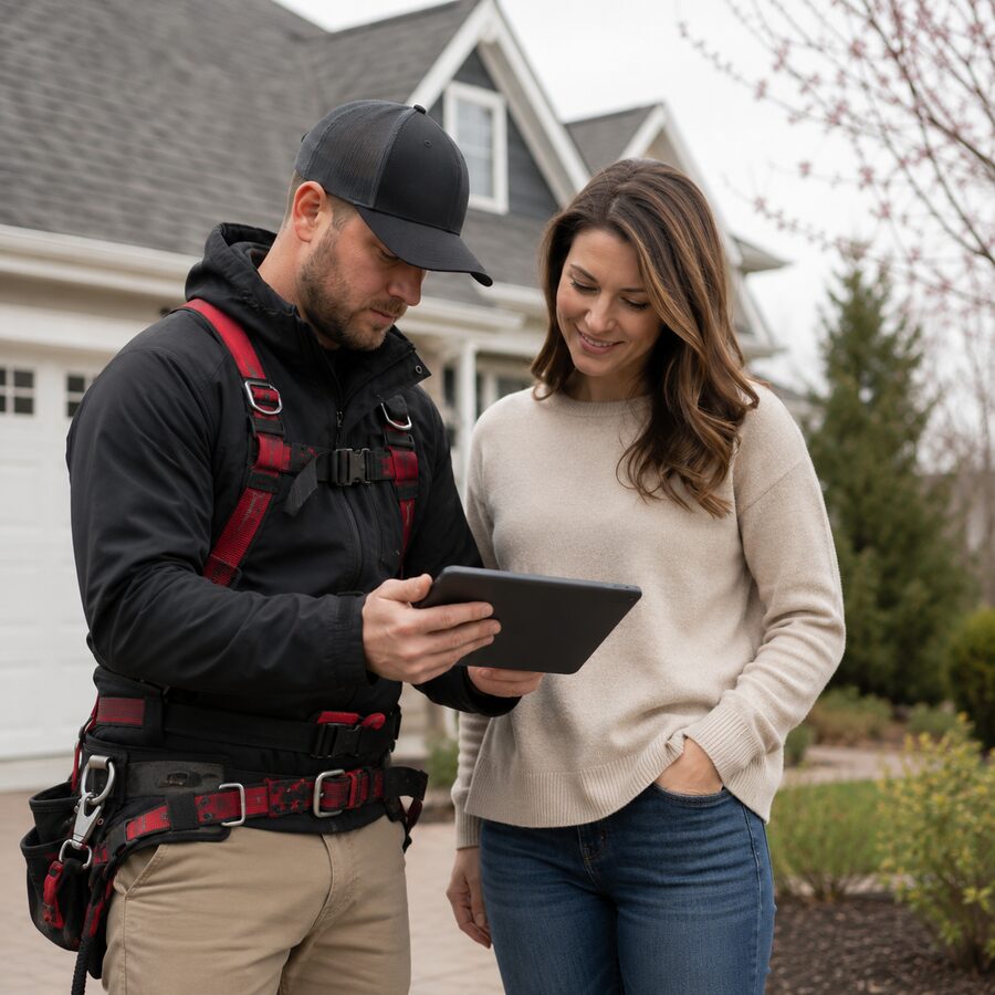 Contractor reviewing roof inspection evidence with a homeowner on a tablet.