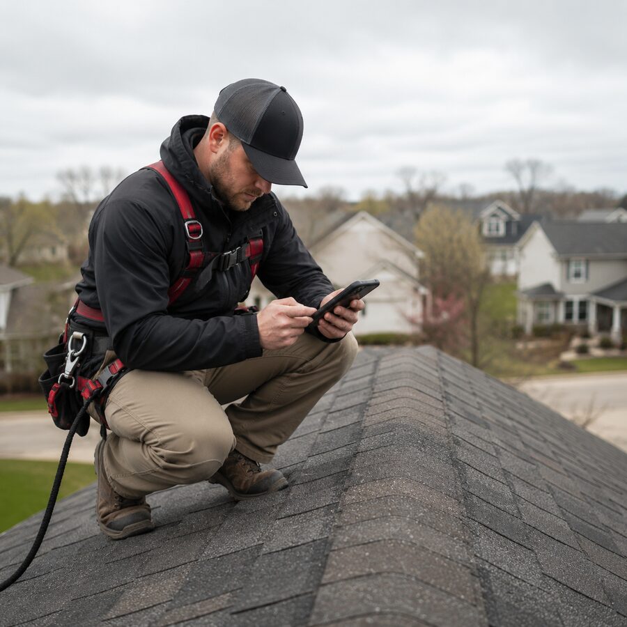 Roof inspector documenting shingle conditions from a roof plane with a phone.